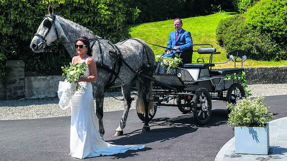 Bride Laura O’Donovan from Timoleague arriving for her wedding at the local church to Cillian Cullinane, with the help of carriage driver Denis O’Donoghue, being pulled by ‘Stella’ the Irish draught horse. 								       (Photo: Andy Gibson)