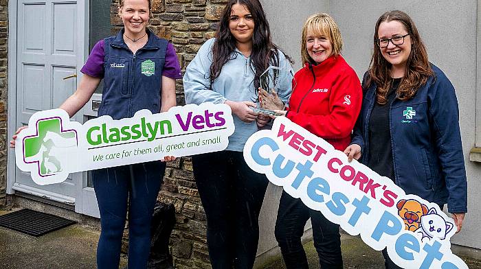 Clonakilty, West Cork, Ireland. 6th Jul, 2023. Winner of the Southern Star's 'West Cork's Cutest Pet' competition was Pollí from Clonakilty. Her owner, Vicki Collins, receives her trophy from Siobhán Cronin, Editor of the Southern Star. Katie Harte and Alexa Du Plesis from scompetition sponsor, Glasslyn Vets, were also at the presentation. Photo: Andy Gibson.