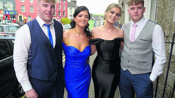 At the MICC Dunmanway grads ball were Liam Dunne, Farrah Hennessy, Erica O’Driscoll, and Simon Jennings. (Photo: Denis Boyle)