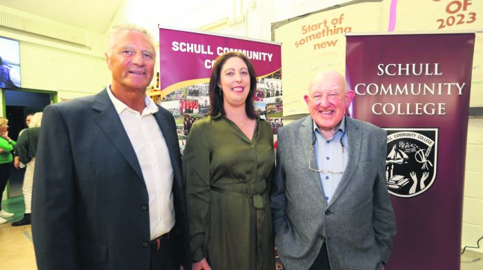 Vince Ahern, far right, the founding principal of Schull Community College, with his successors Tim O’ Connor and Sarah Buckley at the 40th anniversary celebrations of the opening of Schull Community College.                         (Photo: Carlos Benlayo)