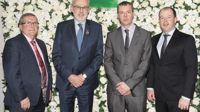 At the St James' victory dinner were, Aidan O'Rourke, chairman of the SW Board; Larry McCarthy, president of the GAA; Raymond Whelton, chairman of St James, and Marc Sheehan, chairman of Cork Count Board.