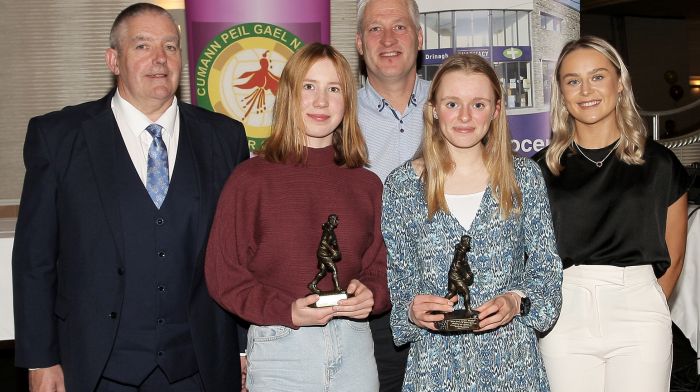 Drinagh Co-op U15 Player of the Match Award winners, Caoimhe Horgan (Kinsale) and Caoimhe Flannery (Castlehaven), with John McCarthy (West Cork LGFA Chairman), David Shields (Drinagh Co-op) and Laura O'Mahony (O'Donovan Rossa/Cork footballer).