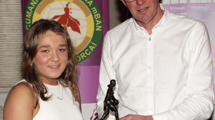 Donal McCarthy, chairman of Drinagh Co-Op presents the U16C Drinagh Co-Op Player of The Match Award 2022 to Erin McCarthy, Keelnameela for their game against Courcey Rovers.