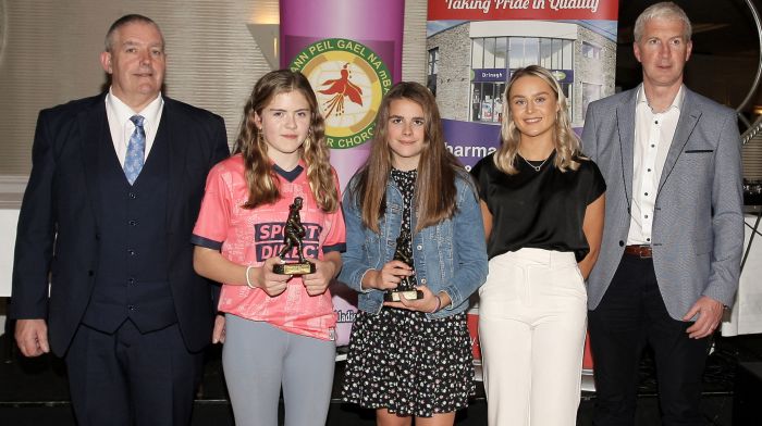 The U13 Drinagh Co-Op Player of The Match Award 2022 winners Hannah Deasy, Kinsale and Caoimhe Foley, Courcey Rovers with John McCarthy, chairman of West Cork LGFA; Laura O'Mahony, O'Donovan Rossa / Cork, and Seamus Daly, CEO Drinagh Co-Op.