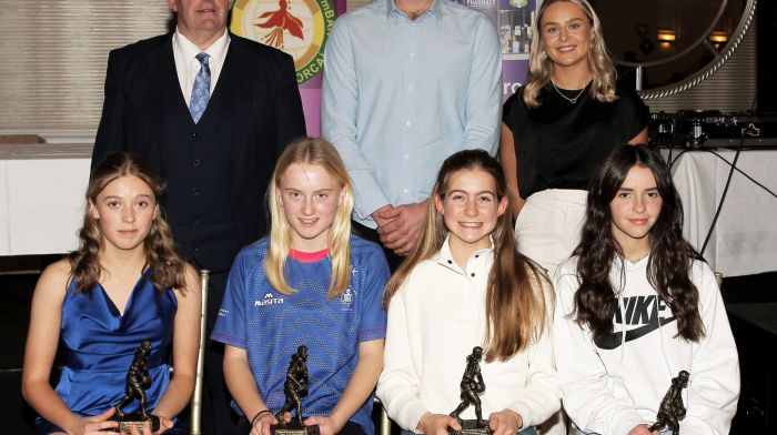 The U14s Drinagh Co-Op Player of The Match Award 2022 winners seated, from left, Ellen Connolly, Castlehaven; Claire Linehan, Valley Rovrs; Aine Kearney, Kinsale, and Lauren Balaur, Kinsale. Back, from left, John McCarthy, chairman West Cork LGFA; Peadar O'Driscoll, Drinagh Co-Op Board member, and Laura O'Mahony, O'Donovan Rossa and Cork.