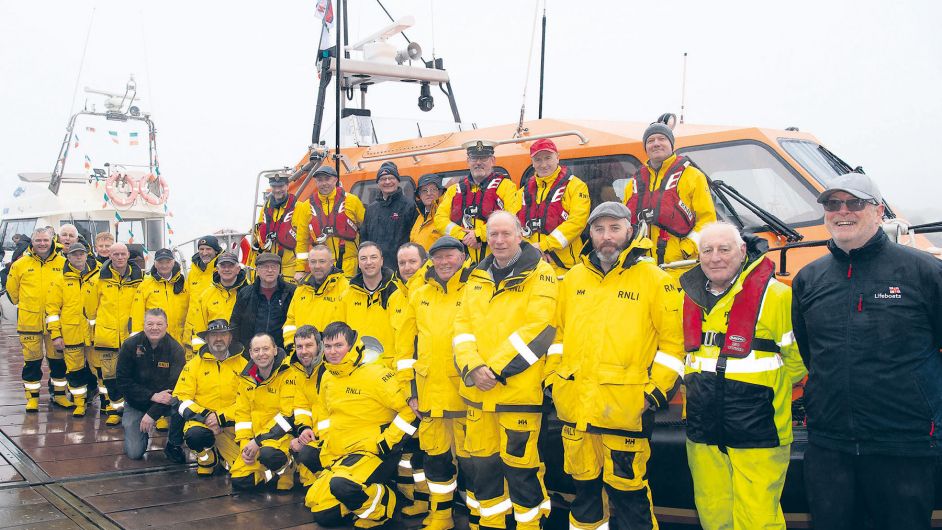 Members of the Courtmacsherry RNLI with the new Shannon-class RNLB Val Adnams which arrived last Sunday afternoon. (Photo: Martin Walsh)