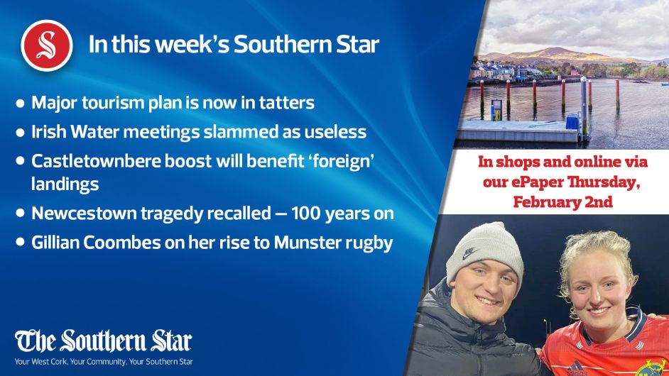 In this week's Southern Star: Major tourism plan is now in tatters; Irish Water meetings slammed as useless; Gillian Coombes on her rise to Munster rugby Image