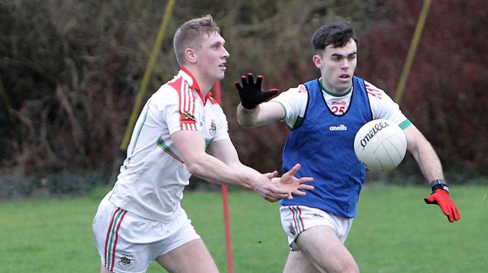 Team A's captain Sean White is challenged by team D's captain David Lowney during the Padraig Griffin Memorial Tournament at Ahamilla. (Photo: Paddy Feen)