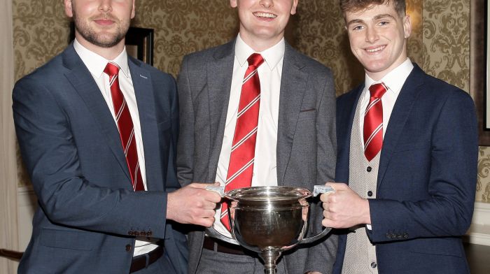 The Ryan brothers - Sean, Cian and Aaron - with the Flyer Nyhan Cup at the Ballinascarthy Community Dinner at the Fernhill House Hotel, Clonakilty.