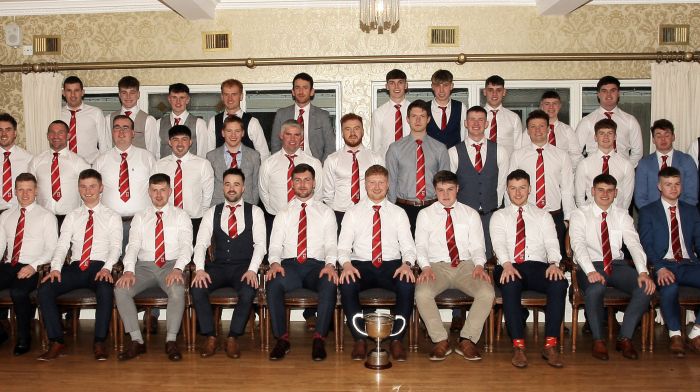 The Ballinascarthy team that won the 2022 SW junior A hurling championship at the community dinner in Fernhill House Hotel last Friday night.