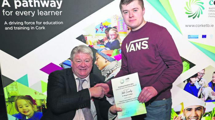 Cllr Patrick Gerard Murphy, chairperson Cork ETB, presenting Jake Crowley, St Brogan’s College, with his Leaving Certificate Applied Special Commendation Award, at the Cork Education and Training Board Leaving Certificate, Leaving Certificate Applied & Student of the Year Awards Ceremony 2022 in City Hall.(Photo: Jim Coughlan)