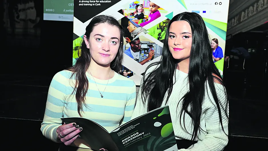 Emma Roycroft and Mona Collins, both from Schull Community College, at the Cork Education and Training Board Leaving Certificate, Leaving Certificate Applied & Student of the Year Awards Ceremony 2022, at City Hall.                       (Photo: Jim Coughlan)
