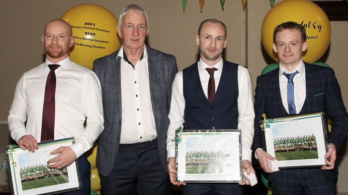 Project Co-Ordinator Cork Football, Conor Counihan, presenting medals to Martin Murphy, Páraic White and Gearóid White.