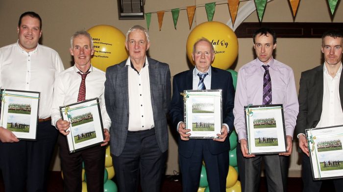 Project Co-Ordinator Cork Football, Conor Counihan, presenting medals to the selectors of the successful junior B football team, Aidan O'Sullivan, Ger Collins, Joe Crowley, David Aherne and Cathal Guggan.