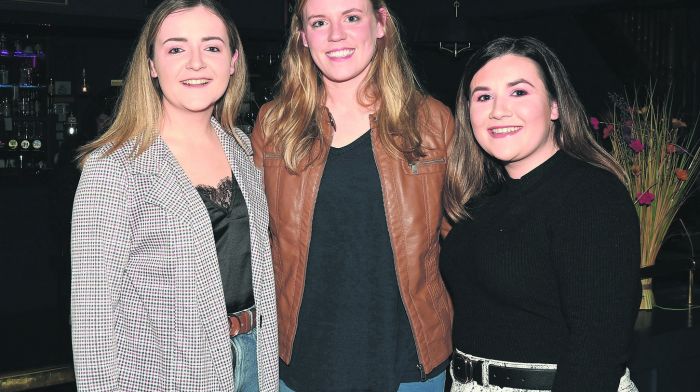 At the Carbery social night in Courtmacsherry Hotel organised by the Barryroe Macra Club were Megan Ryan, Kate O’Donovan and Helena Ryan from Ballinascarthy Macra. (Photo: Martin Walsh)