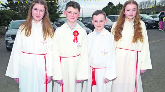 Celebrating their confirmation at Knockvilla church were Grace Kiely, Knockavilla NS; Charlie Curtin, Castlelack NS; Connor Cuff, Gurrane NS and Lilly Clover, Knockavilla.  Left: Supporting a charity cheval today in aid of Connonagh Local Community Development Association were Iris and Myles McLaughlin from Leap. Far left: Sinéad Dalton, Clonakilty; 'Mary Lou' and David Brennan, Clonakilty. (Photos: Denis Boyle & Andy Gibson)