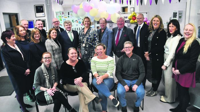 At a reception at Skibbereen Community School to welcome exchange visitors from the
Scituate High School in Boston last Saturday were Siobhan Hunter and Christine Walsh 
(Scituate/West Cork Committee), Liz Grindle (teacher, Scituate High School), Dave Grindle, Helen Dempsey, Sandy Gallagher, Rita O’Connell (Skibbereen Chamber of Commerce), Fr John Heinhold, Anton O’Mahony (principal Skibbereen Community School), Cllr Karen Coakley (deputising for mayor), Ruth O’Brien (Cork County Council), SCS teachers Colette Brennan, Cormac O’Brien, Conor Murphy and Orla O’Sullivan, with TD Michael Collins,  Cllr Joe Carroll, Cllr Paul Hayes and former councillor Mary Hegarty.                                    (Photo: Anne Minihane)