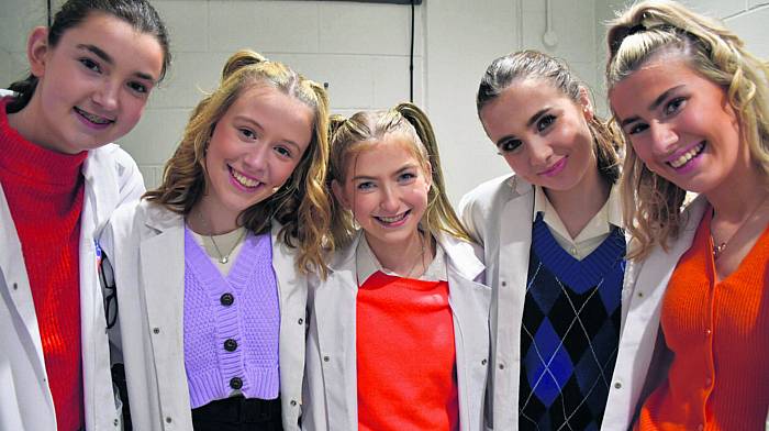 Orla Seymour, Laura Deasy, Elaine O’Donovan, Daisy Griffiths and Tara O’Regan ready to go on stage for Skibbereen Community School’s production of Hi School Musical at the school last week. 			                        (Photo: Anne Minihane)