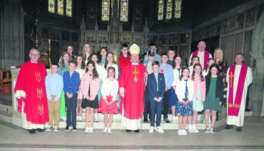 Bishop of Cork and Ross Dr Fintan Gavin with students of Laragh NS on their confirmation day in Bandon church. 			               (Photo: Denis Boyle)