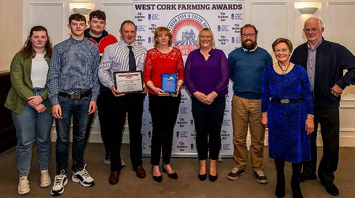 The Farming Family award was won by the O'Donovan family. The award was collected by John and Denise O'Donovan, presented by Karen Farr, Access Credit Union and Jesse Cronin, Bantry Credit Union, with other family members pictured.