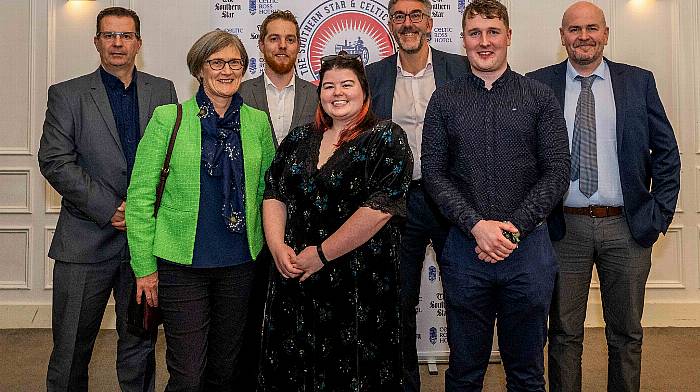 The Southern Star team at the awards: Brian McCarthy, Peggy Collins, Tobias Savage, Emma Kelleher, Seán Mahon, Tony O'Shaughnessy, and Martin Claffey.