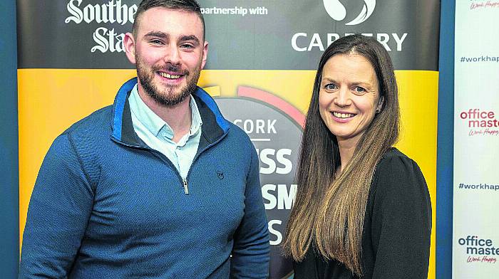 Cian Minihane, CM Fitness & Personal Training with Gemma Kingston of The Family Edit. Right: Dave McCarthy of Office Master was MC for the event.