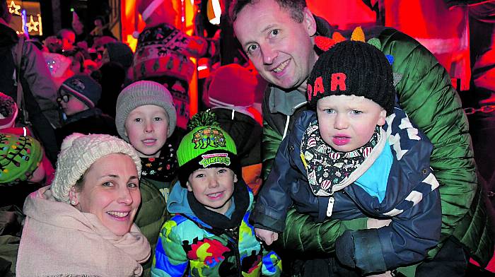 Cora, Kieran, Senan, Harry and Odhran Coughlan from Ballydehob enjoying the switching on of Skibbereen's Christmas Lights last Friday evening. Photo; Anne Minihane.