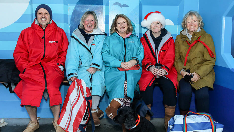 Ray Scannell, Jean McCarthy, Honor Desmond with Alice and Margaret Kirby and Polly the dog who got up early for their Christmas morning swim at Fountainstown. (Photo: David Creedon)