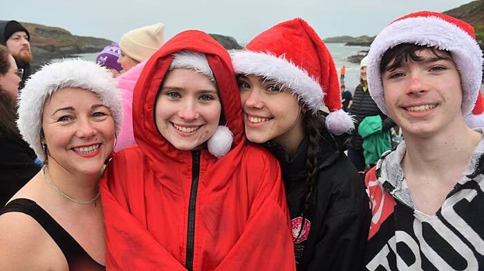 Grainne, Orna, Alanna and Liam O'Brien from Drinagh at the annual Skibbereen Rowing Club Christmas Swim at Tragumna beach, the swim raised funds for the Special Classes at St. Patrick's and St. Joseph's National Schools in Skibbereen. (Photo: Anne Minihane)