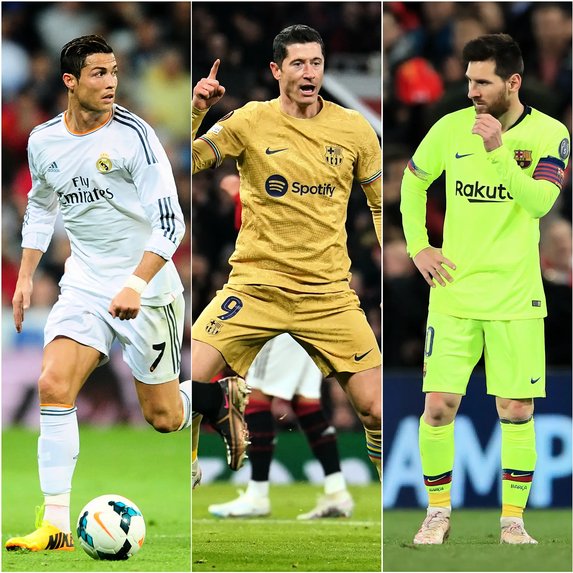 Composite image of Robert Lewandowski celebrating a Champions League goal, centre, with Cristiano Ronaldo, left, and Lionel Messi, right