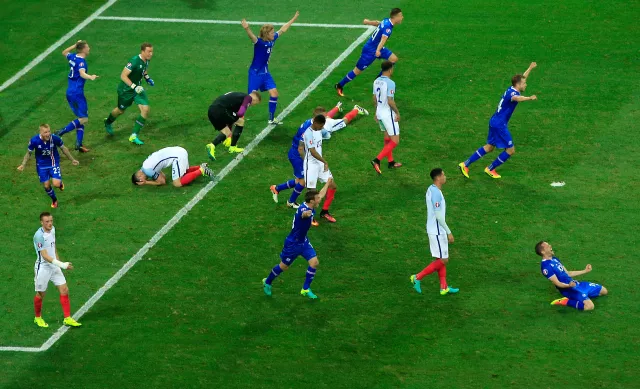  Iceland players celebrate after the final whistle after knocking England out of Euro 2016 