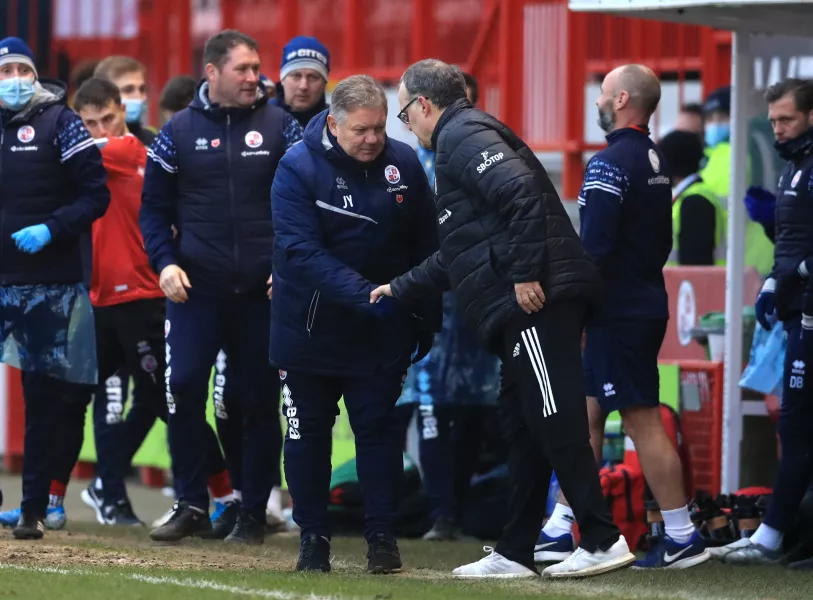 Bielsa congratulates Crawley boss John Yems, left, for his Sky Bet League Two side's victory