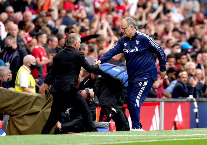 Leeds manager Marcelo Bielsa (right) shakes hands with Manchester United manager Ole Gunnar Solskjaer