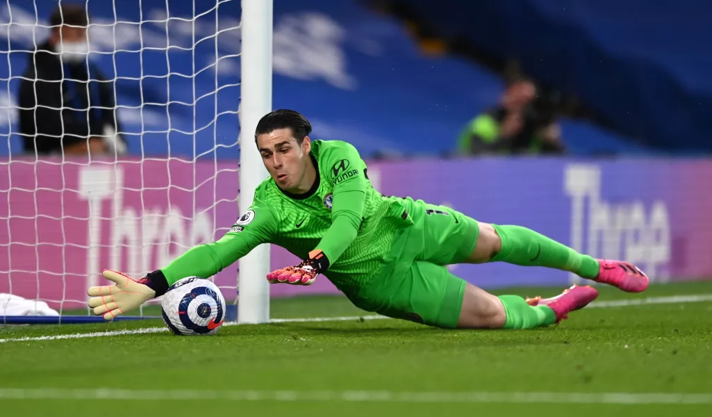 Kepa Arrizabalaga, pictured, keeps out Jorginho's stray backpass