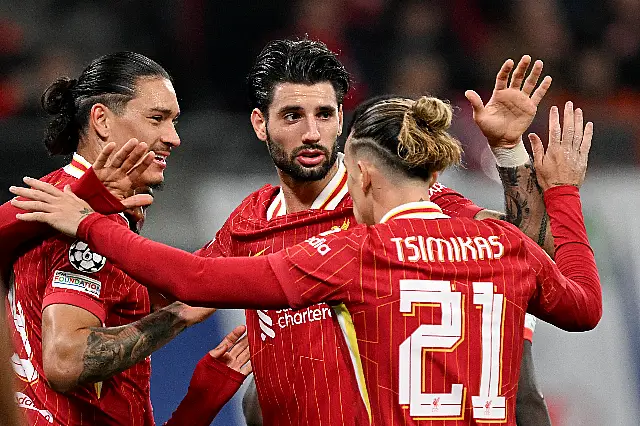 Darwin Nunez (left) celebrates with team-mates after scoring