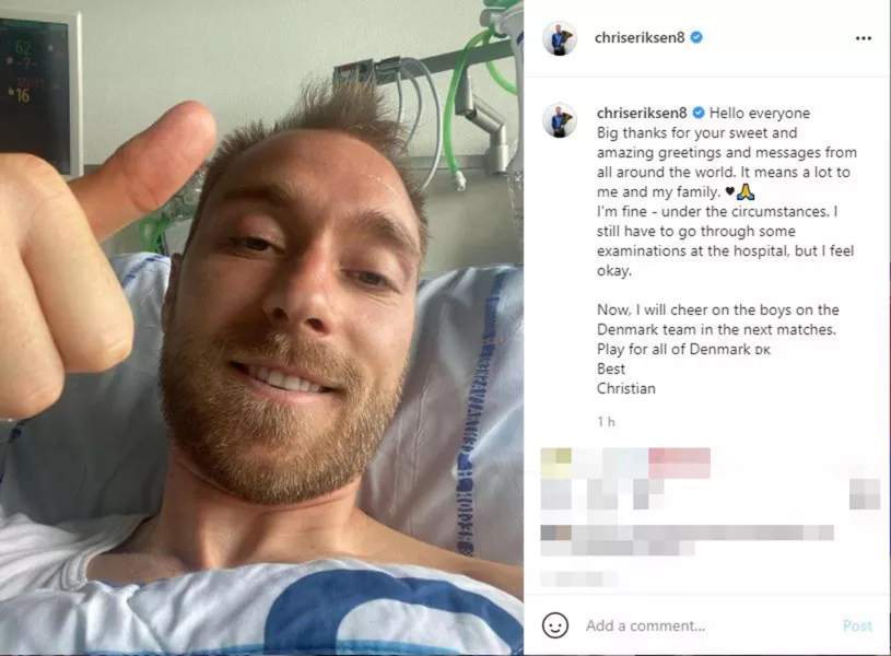 Christian Eriksen gives a thumbs up in an Instagram post 