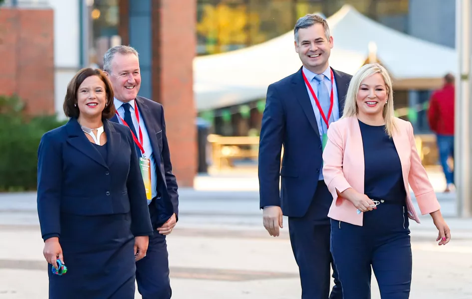 Sinn Fein leader Mary Lou McDonald, left, and Sinn Fein vice president Michelle O’Neill arrive for the Sinn Fein Ard Fheis at the Helix in Dublin