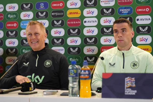 Republic of Ireland manager Heimir Hallgrimsson and Seamus Coleman sitting next to each other during a press conference