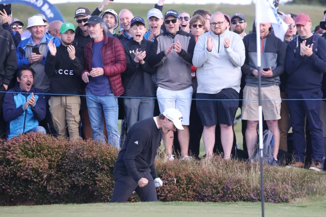 Rasmus Hojgaard celebrates a birdie on the 17th