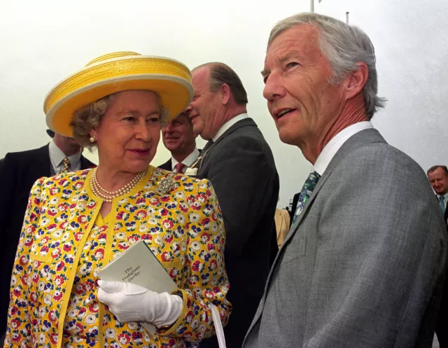 The Queen and Lester Piggott view the 'Lester Piggott Gates' at Epsom on Derby day, 1996