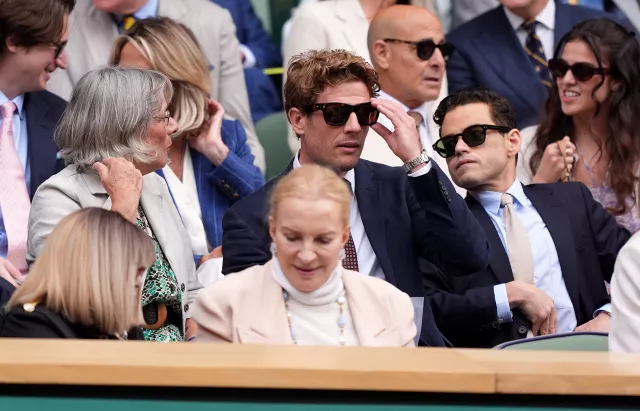 Rami Malek chatting with James Norton and Lavinia Norton at Wimbledon