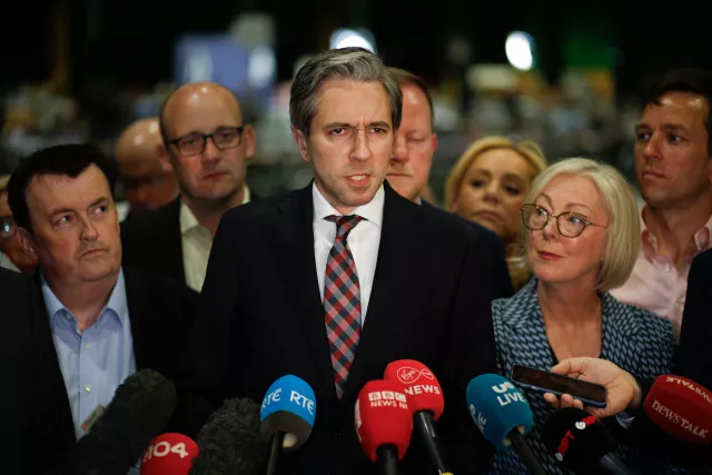 Taoiseach Simon Harris speaks to the media at the RDS count centre in Dublin on Sunday