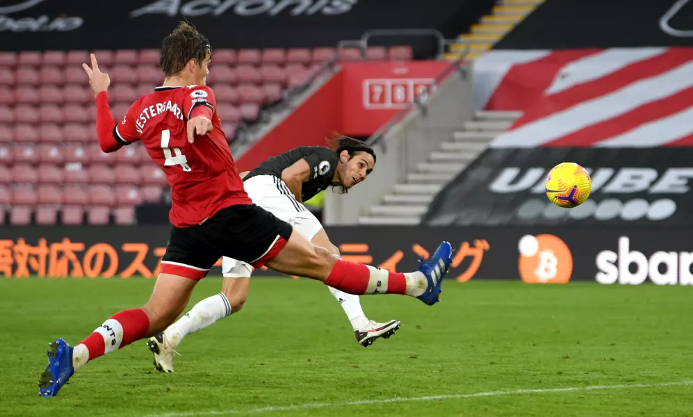 Cavani (right) scored two headed goals after setting up Fernandes for the opener