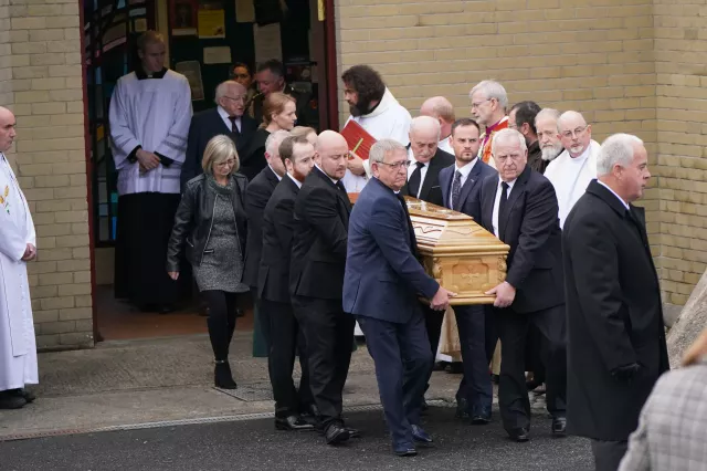 The coffin of James O’Flaherty leaves St Mary’s Church, Derrybeg after his funeral mass