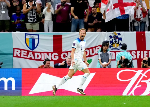 Harry Kane celebrates scoring England’s second goal (Martin Rickett/PA).