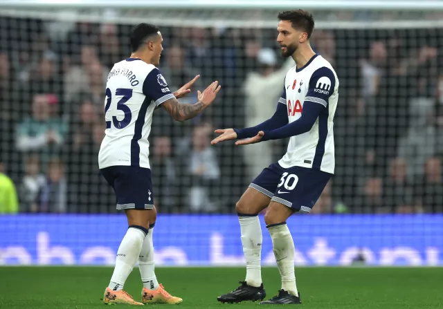 Tottenham Hotspur’s Rodrigo Bentancur (right) celebrates scoring their goal