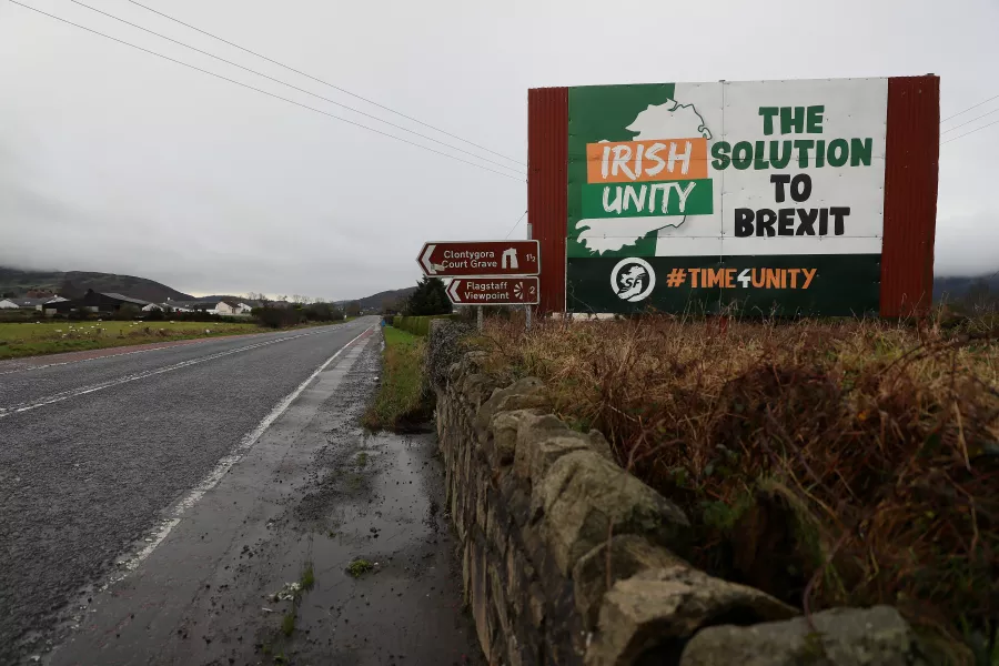 An anti-Brexit billboard proposing a united Ireland at the border between the Republic of Ireland and Northern Ireland