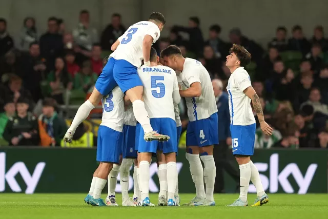 Greece’s Fotis Ioannidis (hidden) celebrates scoring the first goal in a 2-0 Nations League win over the Republic of Ireland in Dublin