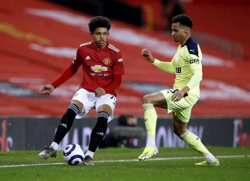 Shola Shoretire, left, came on for his Manchester United debut