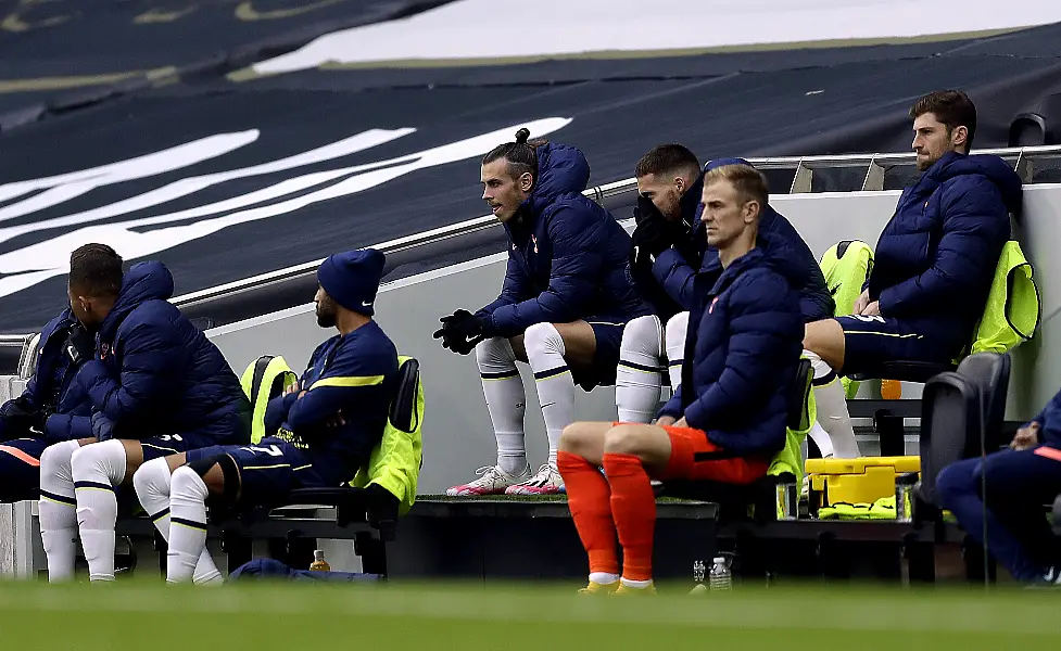 Gareth Bale, centre, on the Tottenham bench during October's game against West Ham